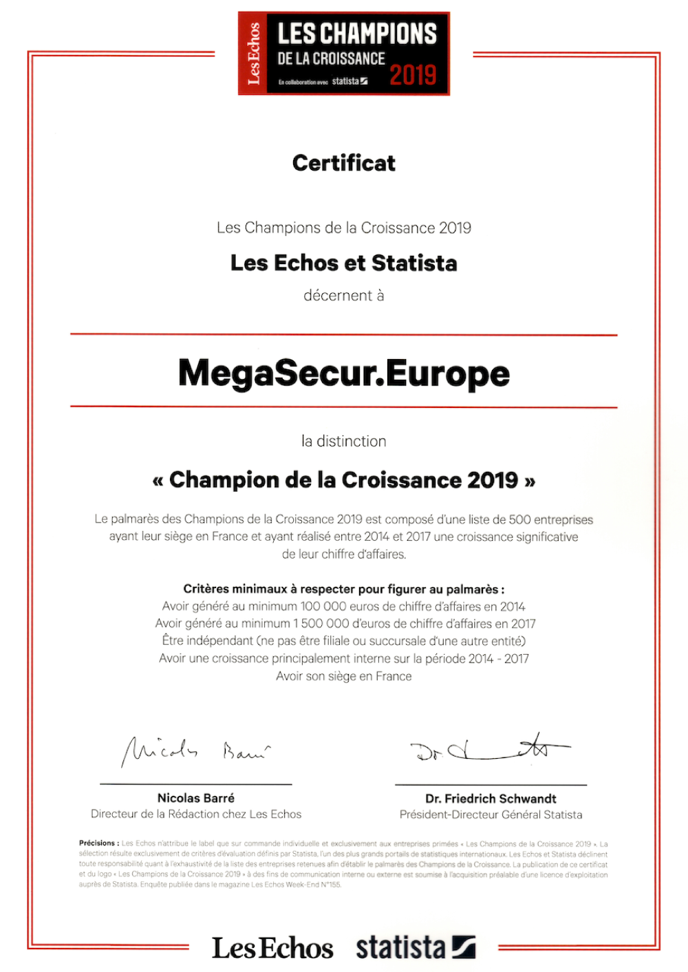 certificat-Champions-de-la-croissance-2019 MegaSecur Europe champion de la croissance les echos
