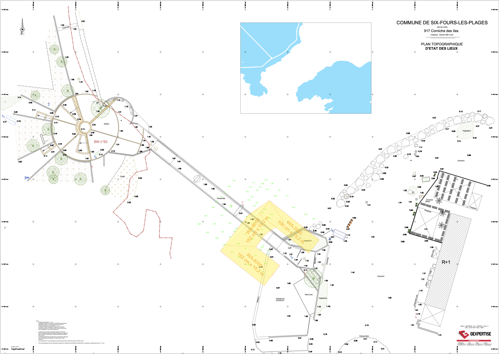 Plan bathymétrique de la passerelle du Gaou utilisé pour dimensionner des batardeaux souples de différentes hauteurs selon la profondeur du chenal marin.